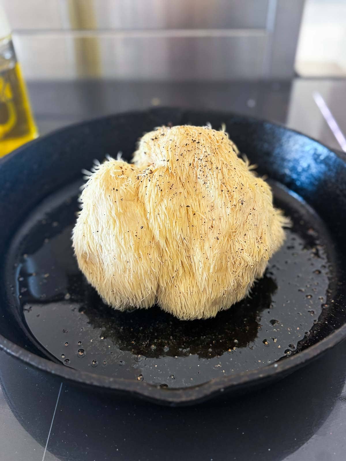 How to cook lion's mane mushroom like a steak on the stovetop- whole lion's mane mushroom in an oiled skillet.
