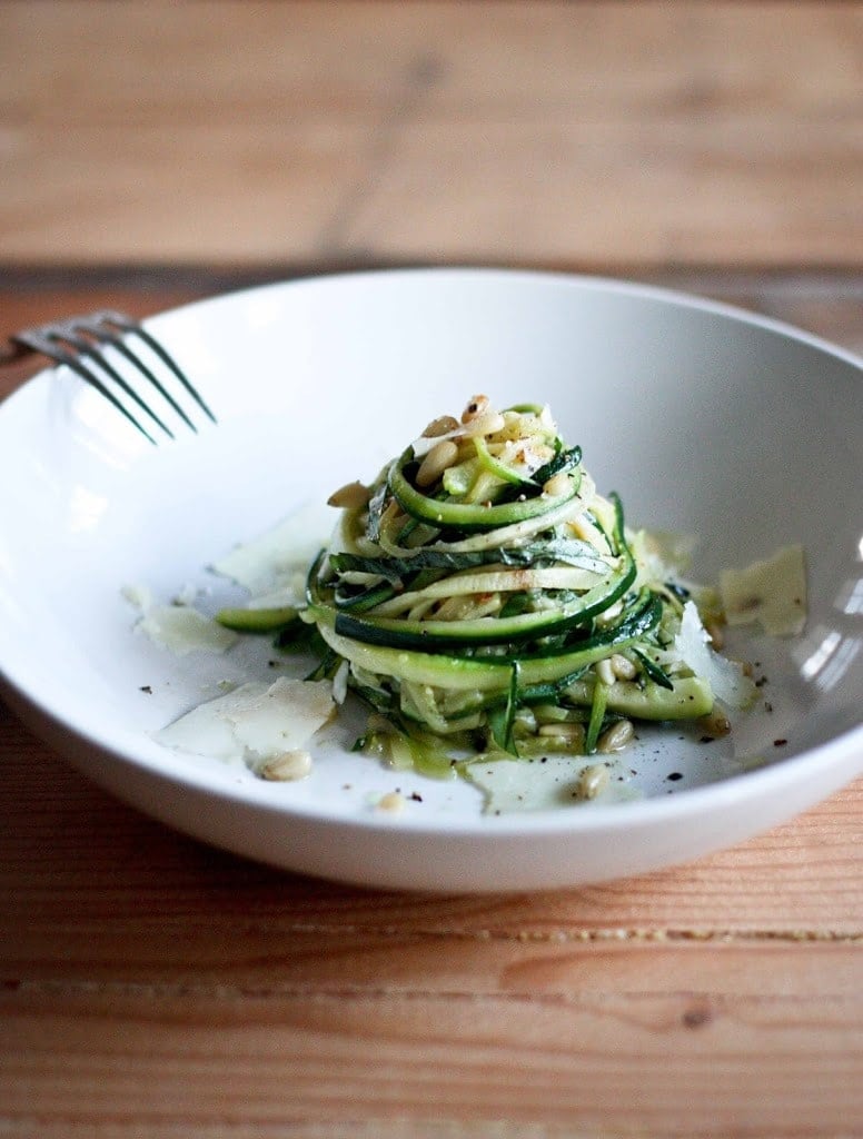 Best Zucchini Recipes 20 Healthy Zucchini Recipes: Zucchini Linguine with garlic, olive oil, toasted pine nuts, basil ribbons & shaved pecorino cheese, a simple delicious GF meal,made w/ Zucchini "noodles"! | www.feastingathome.com